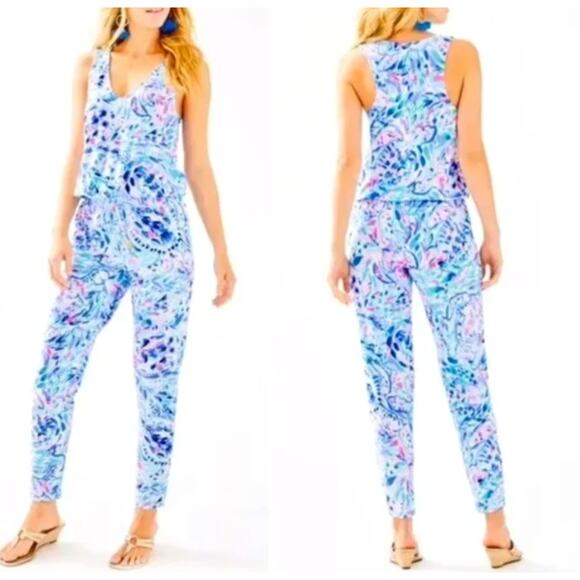 New Lilly Pulitzer Paulina Jumpsuit Tank XS Breakwater Party Wave Print Summer - Picture 1 of 15
